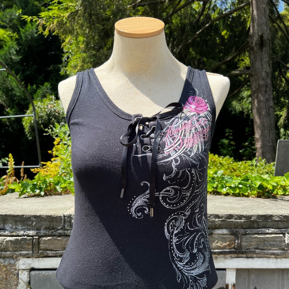 Y2K Harley Davidson Women’s Ribbon Lace  Rose Bling Pink & Black Tank Top Size M